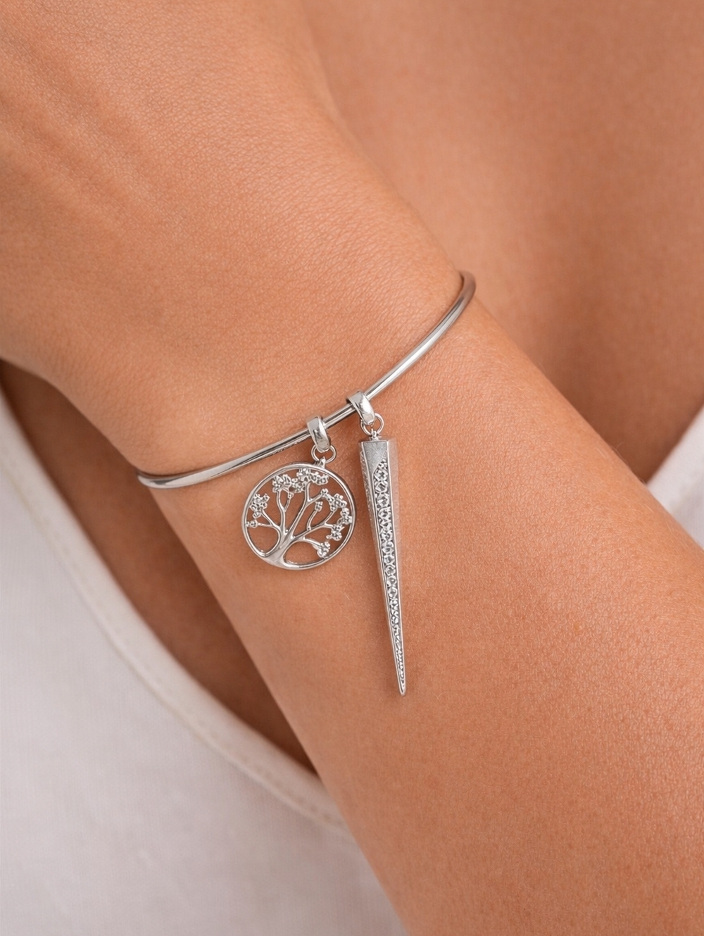 Kendra Scott Silver Tree of Life Charm Bangle with Spike Pendant